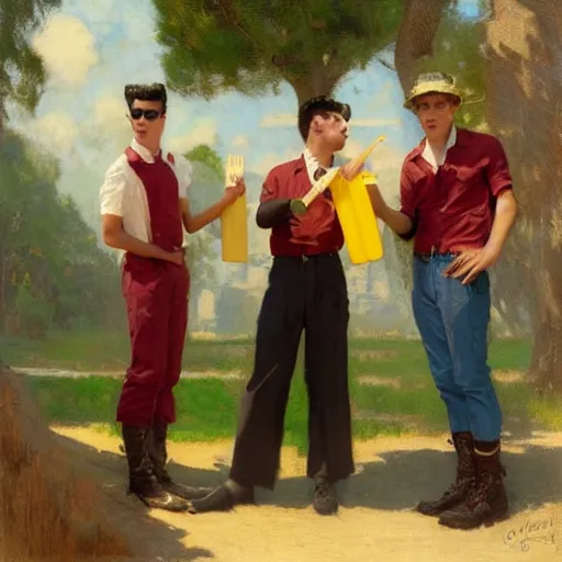 Image similar to three male teens wearing rockabilly outfits and eating yellow popsicles while looking around by gaston bussiere, craig mullins, j. c. leyendecker 8 k