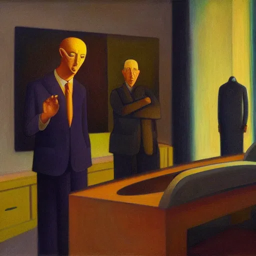 Prompt: a meeting of the robotic leaders in the capital dome, ( ( ( grant wood ) ) ), pj crook, ( ( ( edward hopper ) ) ), oil on canvas