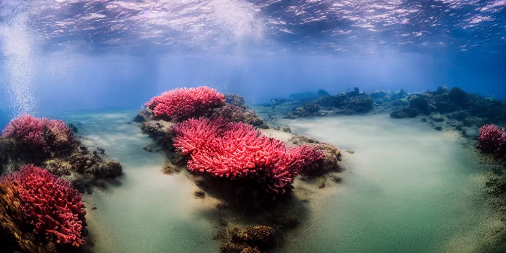 Image similar to a great photograph of the most amazing golf hole in the world, perfect light, under water, coral reef, ambient light, 5 0 mm, golf digest, top 1 0 0, fog