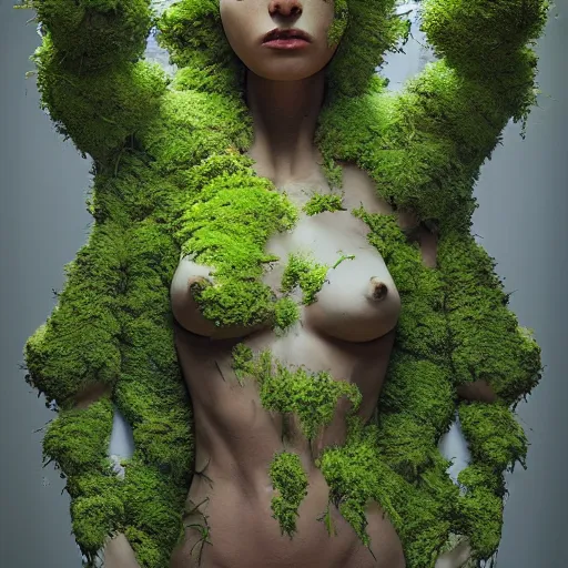 Image similar to a human figure made of moss and flowers, beautiful high quality realistic fantasy art, trending on artstation