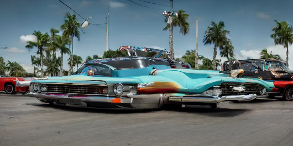 Image similar to highly detailed photo of an award winning lowrider, cruising at a car show, car bounce, air suspension, fan girls, 8 k, octane render, unreal engine, ue 5, photoshop, maya, ray tracing