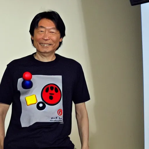 Prompt: shigeru miyamoto wearing a t-shirt with the PlayStation logo on it