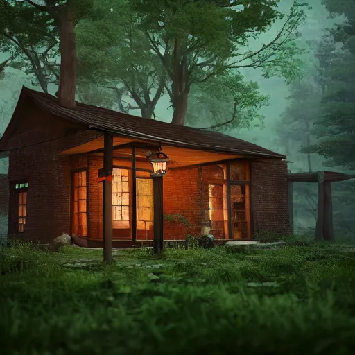 Prompt: A brick cabin in the woods, Makoto Shinkai, environment concept, digital art, unreal engine, WLOP, trending on artstation, 4K UHD image, octane render