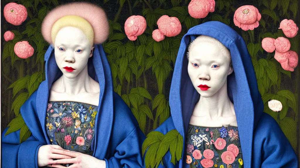 Prompt: portrait of a woman with albinism, wearing a neon blue hoodie, standing in a botanical garden full of flowers, intricate details, high detail, in the style of rogier van der weyden and jacopo da pontormo, by mark ryden, punk, asian art,