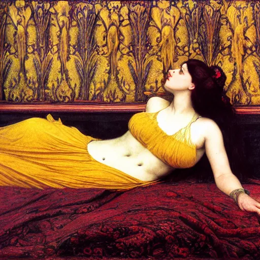 Image similar to preraphaelite photography reclining on bed, a hybrid of judy garland and lene lovich, aged 2 5, big brown fringe, yellow ochre ornate medieval dress, john william waterhouse, kilian eng, rosetti, john everett millais, william holman hunt, william morris, 4 k