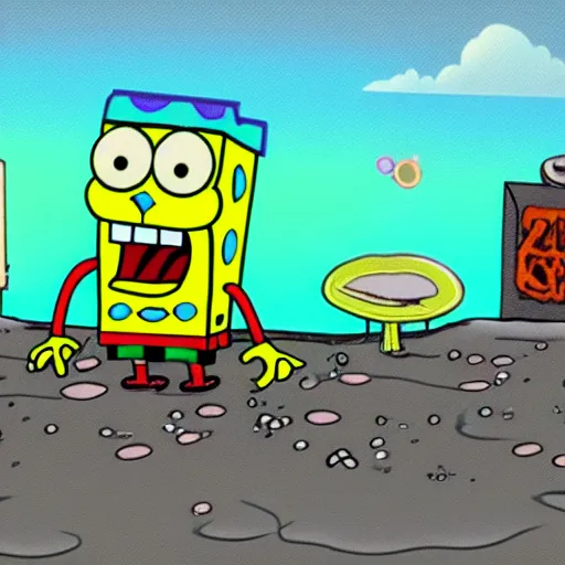 Image similar to doomer spongebob destroys zombies using only crabby patty in kyiv Lo-FI