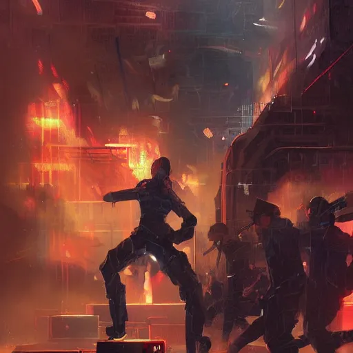 Image similar to human rights riot, detailed digital illustration by greg rutkowski, fire, android netrunner