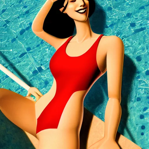 Prompt: attractive female robot in the closed one-piece swimsuit monokini, sitting at the bench in the pool shower, hourglass slim figure, juicy legs, visible stomach, thigh focus, full body shot close up, seductive smile, looking at the viewer, details, sharp focus, illustration, by Eric Stanton and Gil Elvgren, Trending artstation, pixiv, digital Art