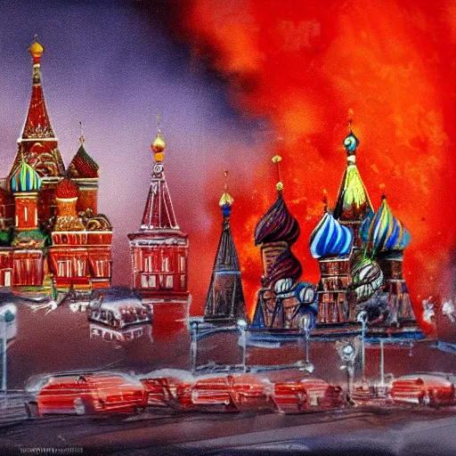 Image similar to high quality image of Red Square in Moscow in flame, detailed, realism