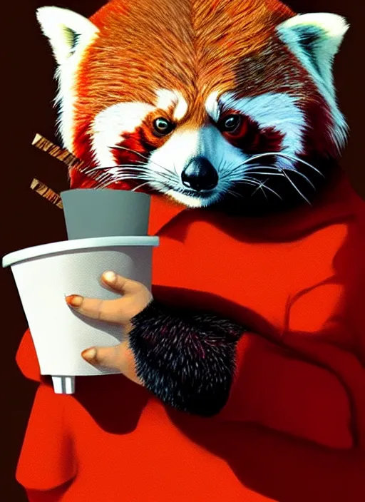 Image similar to red panda, paper cup, fantasy, surreal, highly detailed, digital painting, artstation, concept art, illustration, art by patrick james woodroffe!!!