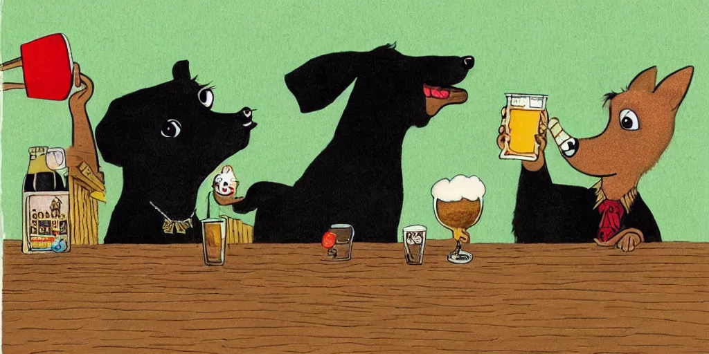 Image similar to a small black dog drinking beer by richard scarry