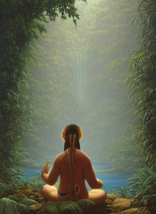 Image similar to an indigenous woman meditating in the amazon jungle, gazing at the water, highly detailed, art by christophe vacher