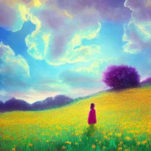 Image similar to girl with a flower head, surreal photography, dream, standing in flower field, magical, in a valley, sunrise dramatic light, impressionist painting, colorful clouds, artstation, simon stalenhag