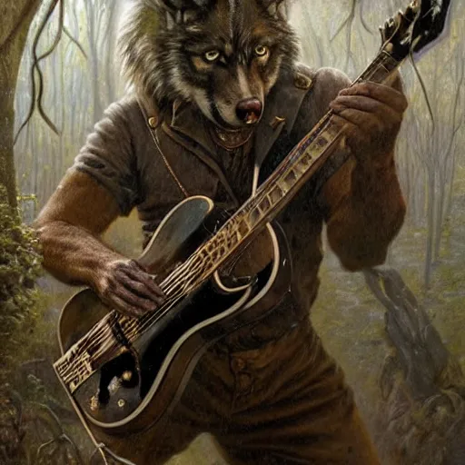 Image similar to Hyperrealistic 1941 The Wolf-Man playing a Gibson electric guitar, by Antonio Caparo, Ferdinand Knab, Greg Rutkowski, Amano, and Karol Bak UHD, vivid colors, photorealistic trending on artstation