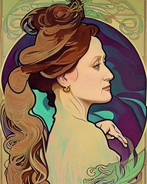 Image similar to a portrait painting of ( ( ( meryl streep ) ) ) in the style of alphonse mucha!!!