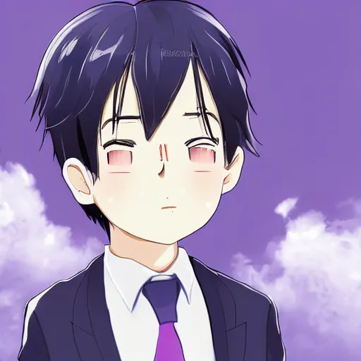 Prompt: small boy with black hair and blue purple eye, school uniform, anime style, hyper detailed, illustration, digital painting