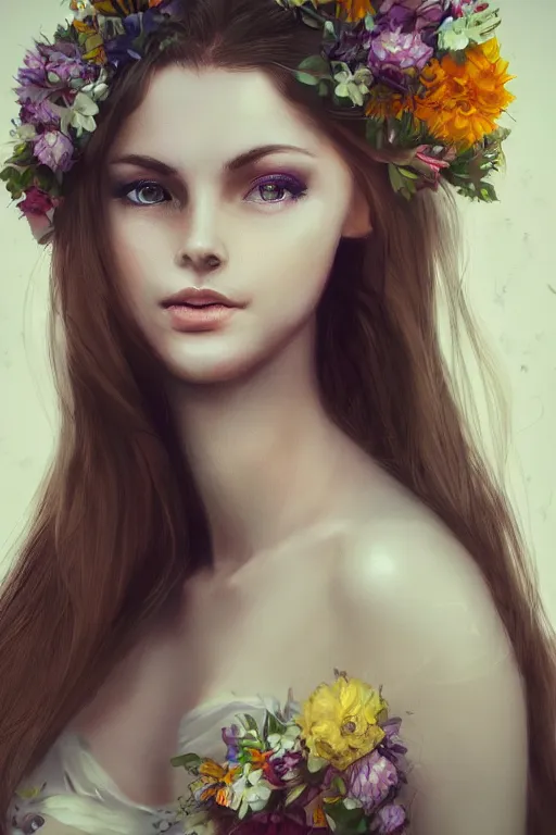 Image similar to beautiful woman with flowers in her hair, soft lighting, portrait, trending on artstation, portrait, closeup,