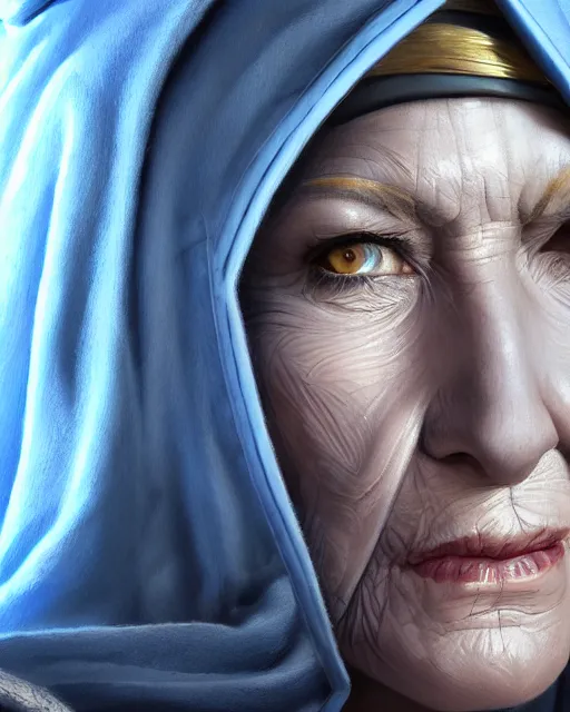 Prompt: ana from overwatch, older woman, gray hair, blue hooded cloak, character portrait, portrait, close up, highly detailed, intricate detail, amazing detail, sharp focus, vintage fantasy art, vintage sci - fi art, radiant light, caustics, by boris vallejo