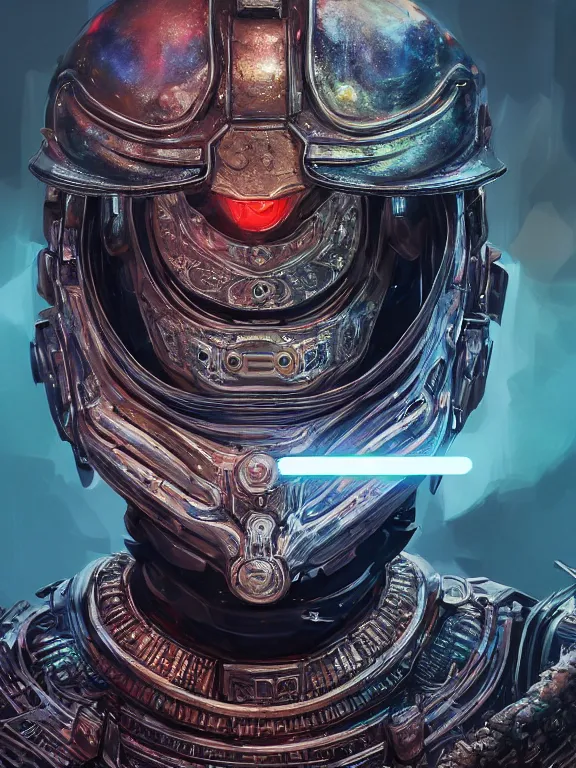 Prompt: portrait art of 8k ultra realistic retro futuristic samurai , galaxy reflected helmet , detailed intricate ornate armour,eldritch horror,blade runner, cybernetic, full of colour, cinematic lighting, battered, trending on artstation, 4k, hyperrealistic, focused, extreme details,unreal engine 5, cinematic, masterpiece, art by ayami kojima, giger