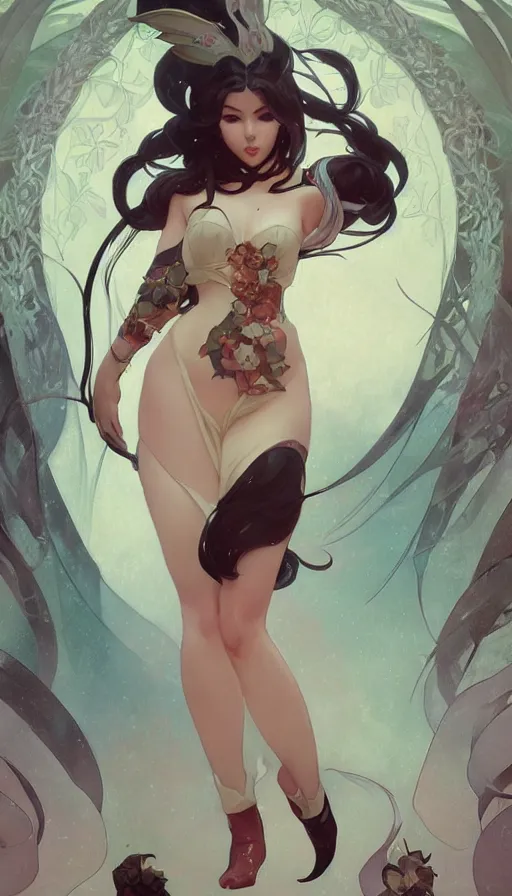 Image similar to ahri in a cute pinup pose by artgerm, greg rutkowski and alphonse mucha, concept art, matte, intricate, full body, epic composition