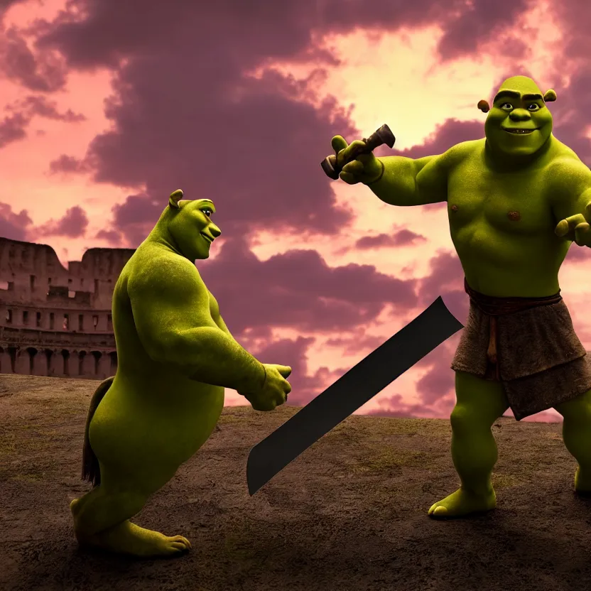 Image similar to shrek as a gladiator holding a sword, roman colosseum, sunset, cinematic lighting, volumetric lighting, award winning photography, highly detailed, intricate, sharp focus, 4 k wallpaper, unreal engine, 9 0 mm, f / 1. 4