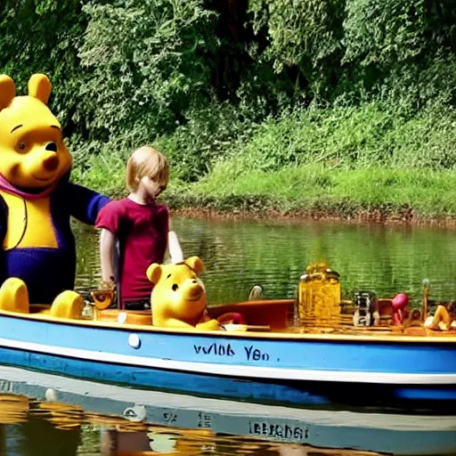 Prompt: Winnie the Pooh and a bearded man wearing glasses enjoy a narrowboat holiday