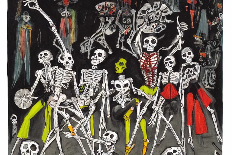 Image similar to scene from ballet, day of the dead, cyber skeletons, queen in black silk in the center, neon painting by otto dix