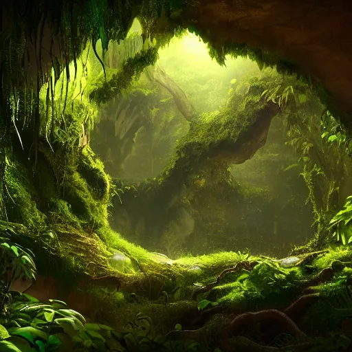 Image similar to looking into lush cave entrance with glowing emeralds and vines hanging from the ceiling, mythical ambience, sharp focus, cinematic light, cgsociety, highly detailed