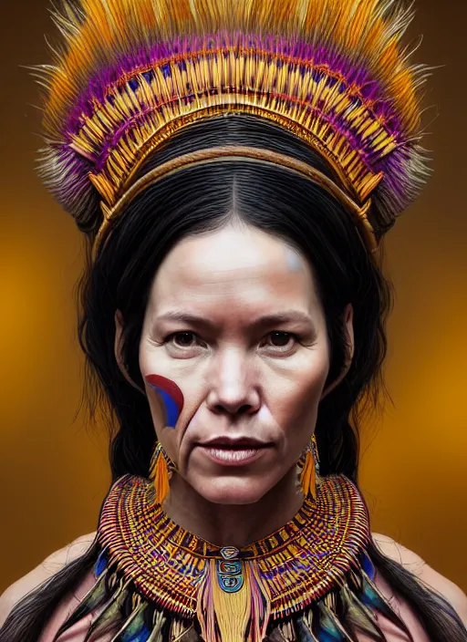 Image similar to portrait of catriona balfe ( outlander ) as a kayan tribe woman with gold neck rings, hyper detailed ultra sharp trending on artstation, colorful, psychedelic, ornate, intricate, digital painting, concept art, smooth, sharp focus, illustration, art by artgerm and greg rutkowski and h. r. giger, 8 k