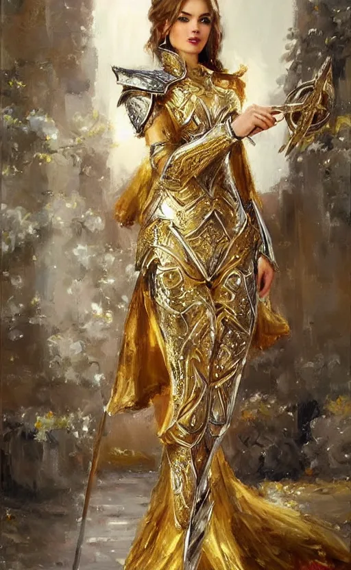 Prompt: Elegant laidy in gold and silver knight armor. By Konstantin Razumov, highly detailded