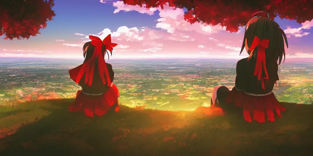 Prompt: reimu sitting on a hill off to the side looking down upon danish town, during dawn, cinematic, very warm colors, intense shadows, anime illustration, anime screenshot composite background