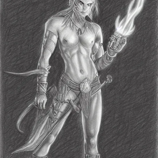 Image similar to Crazy Tiefling with a torch.. Fantasy. Pencil drawing