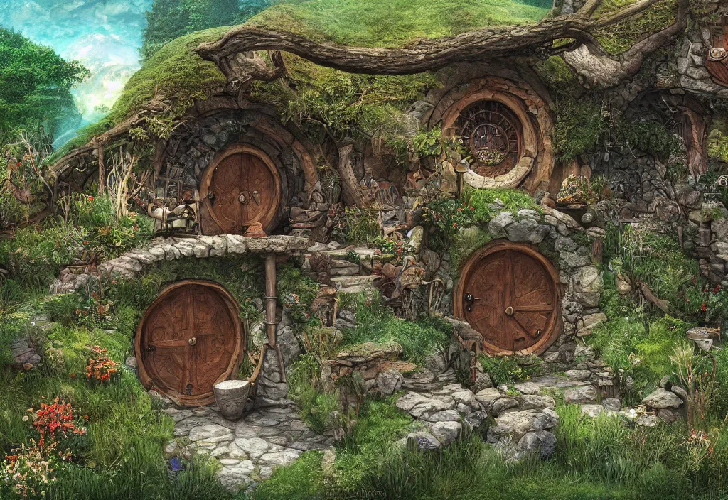 Image similar to the hobbit home, digital art, high detail