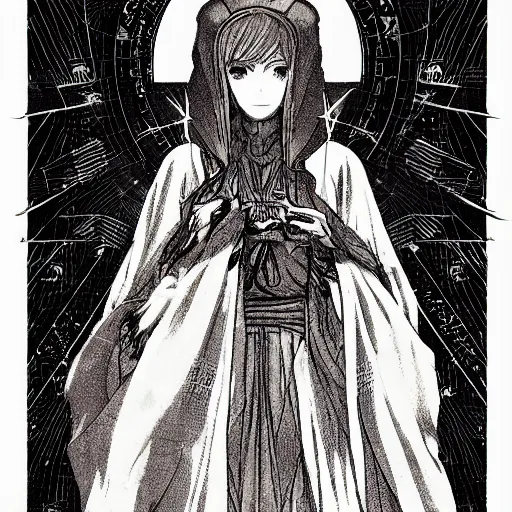 Prompt: precisely drawn illustration of anime cloaked high priestess of a goddess, old-fashioned tarot card, victorian playing card, sepia tone, wide angle, sharp, fine details, anime, manga, cyberpunk, intense line art, 8k, precise linework, realistic, shaded lighting by katsuhiro otomo ghost-in-the-shell, magali villeneuve, artgerm, rutkowski Jeremy Lipkin and Giuseppe Dangelico Pino and Michael Garmash and Rob Rey