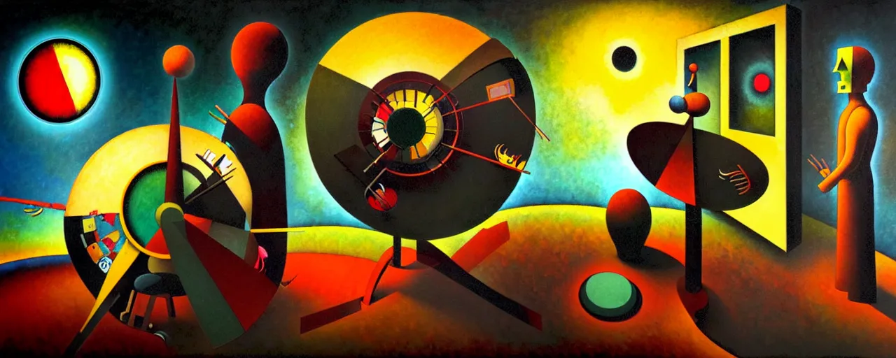 Image similar to hedonic treadmill, dark uncanny surreal painting by ronny khalil, shaun tan, and kandinsky, ixions wheel