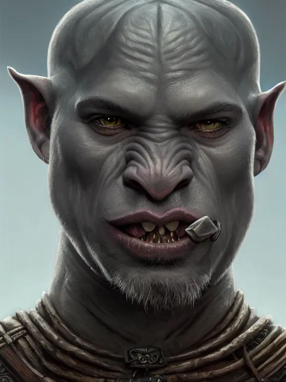 Prompt: portrait of a grey orc, looking at camera, d & d, savage warrior, leather attire, aztec hair, pig noses, intricate, fantasy, extremely detailed, digital painting, artstation, concept art, smooth, sharp focus, illustration, ambient lighting, art by artgerm and greg rutkowski and alphonse mucha and simon stalenhag