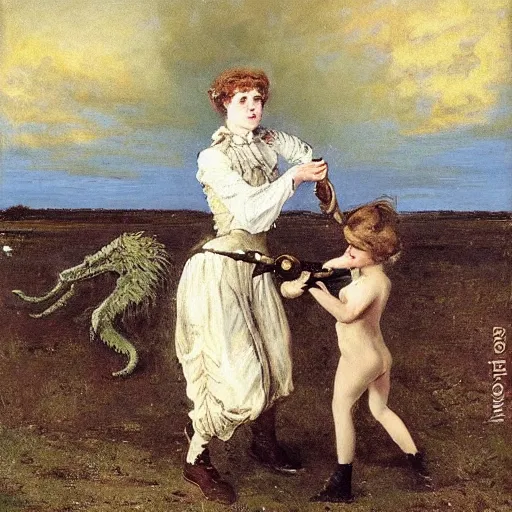 Image similar to young victorian woman fighting a monster, by alfred stevens