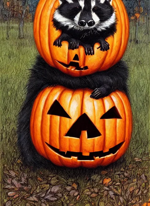 Image similar to halloween pumpkin in the shape of a raccoon by Rebecca Guay art, high quality, highly detailed,