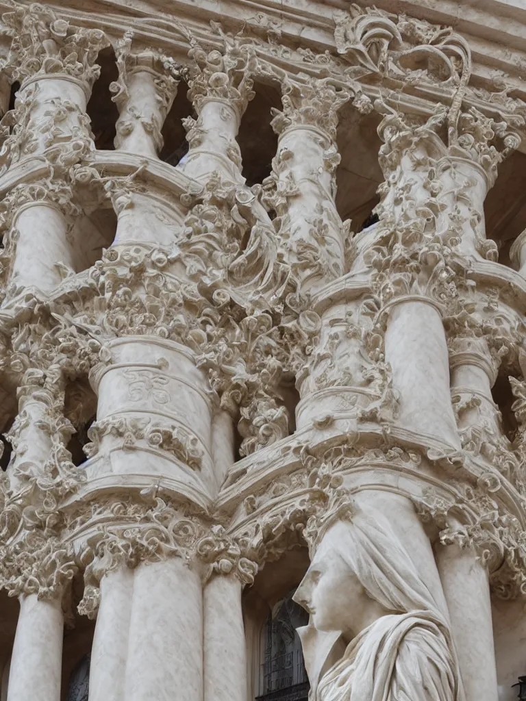 Image similar to Epic view of intricate stained statue with symmetrical multi-directional globin faces looking to all sides using a velvet veil statue sculpted on white marble by Antonio Corradini and Bernini