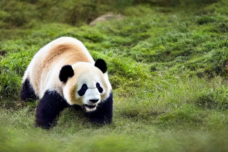 Image similar to a panda lion!!! hybrid! hyper realistic!! realistic lighting!! wildlife photographer of the year!!! bold natural colors, national geographic, hd, wide angle, 8 k