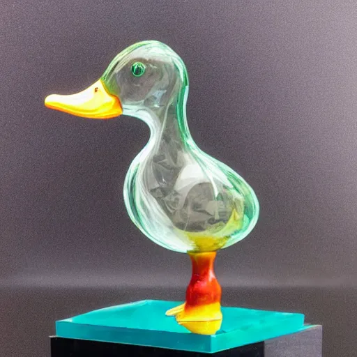 Prompt: a transparent sculpture of a duck made of glass