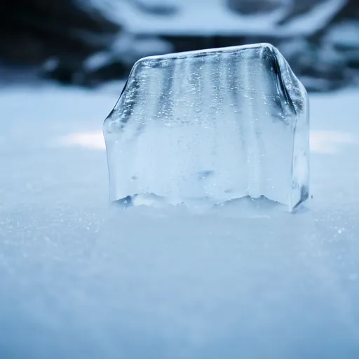 Prompt: close - up large clear ice block on snow in game of thrones, 4 k, epic, cinematic, focus, movie still, fantasy, extreme detail, atmospheric, dark colour, sharp focus