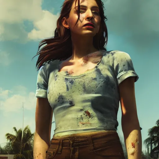Image similar to fallout 5 : miami, charismatic beautiful rugged brunette female protagonist, portrait, outdoors ruined cityscape, atmospheric lighting, painted, intricate, volumetric lighting, beautiful, summer, sunny weather, few clouds, sharp focus, deep colours, ultra detailed, by leesha hannigan, ross tran, thierry doizon, kai carpenter, ignacio fernandez rios
