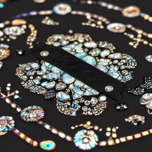 Image similar to a photo of a black jewellery box with intricate ultra detailed iridescent mother - of - pearl inlay on a black background photorealistic 8 k