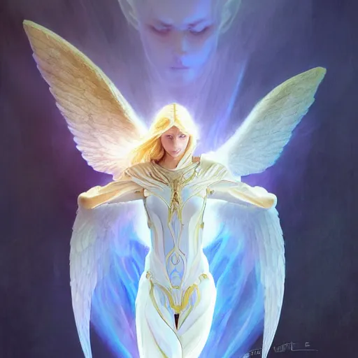 Image similar to the pale blond male angel of battle lucius wearing a white periwinkle, sci fi, glowing eyes, volumetric lights, gold theme, art nouveau botanicals, intricate, highly detailed, digital painting, artstation, concept art, smooth, sharp focus, cinematic, illustration, beautiful face, art by artgerm and greg rutkowski and alphonse mucha