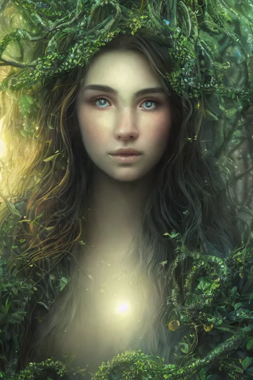 Prompt: elaborately detailed close up portrait of an extremely beautiful girl surrounded by vines, flowers, an eerie mist and ethereal rainbow bubbles, Aetherpunk, high fantasy matte painting, concept art, smooth, sharp focus, atmospheric lighting, highly detailed illustration highlights, backlight, golden ratio, 8K detail post-processing, award winning picture, sense of awe, featured on DeviantArt, fantasy matte painting movie poster, trending on cgsociety, intricate, majestic, dark epic fantasy, highly detailed, cinematic quality character render, ultra high quality model, production quality cinema mode