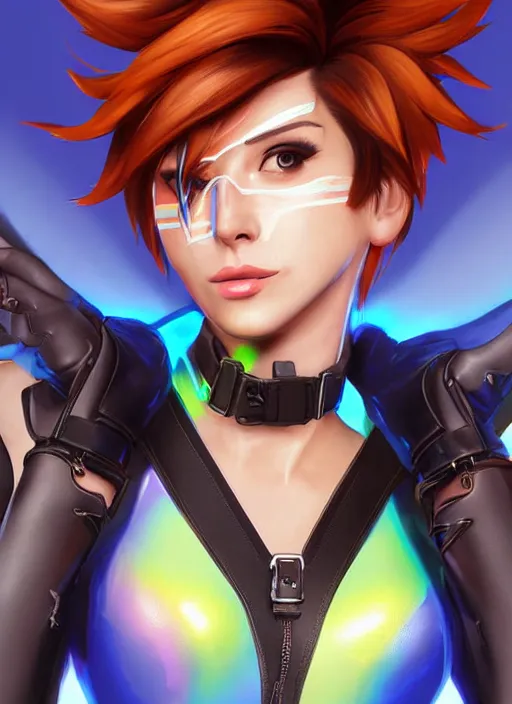 Image similar to portrait bust digital artwork of tracer overwatch, wearing iridescent rainbow latex and leather straps catsuit outfit, expressive happy face, makeup, in style of mark arian, angel wings, wearing detailed leather collar, chains, black leather harness, detailed face and eyes,