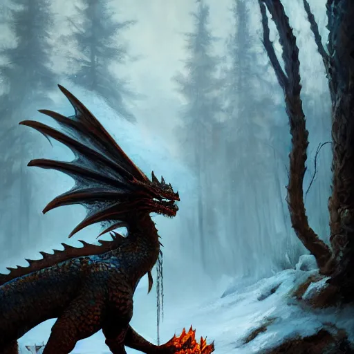 Prompt: oil painting of dragon in cold forest, dnd character, fantasy, magic, realistic textured skin, big lizard head, eagle feather, glowing eyes, clear clean, artgem, boris valejo, goro fujita, frank frazetta, trending on artstation, digital painting, beautiful, very detailed, pixar