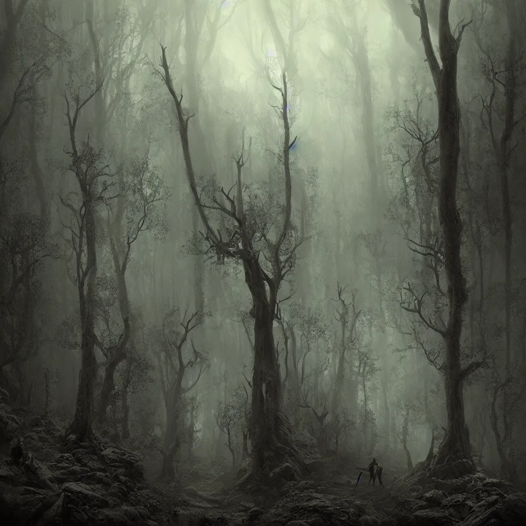 Photorealistic nightmare in the foggy woods in the | Stable Diffusion