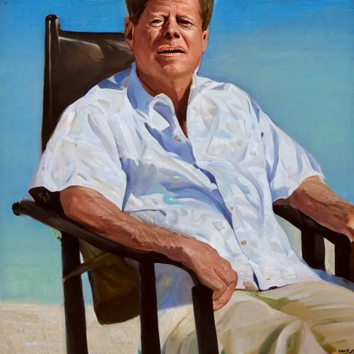 Image similar to portrait of john f kennedy, wrinkled, grey hair sitting on rocking chair, landscape of nantucket beach, dunes, ocean, bluff, handsome, hawaiian shirt, oil on canvas by william sidney mount - 1 9 8 2, trending on artstation